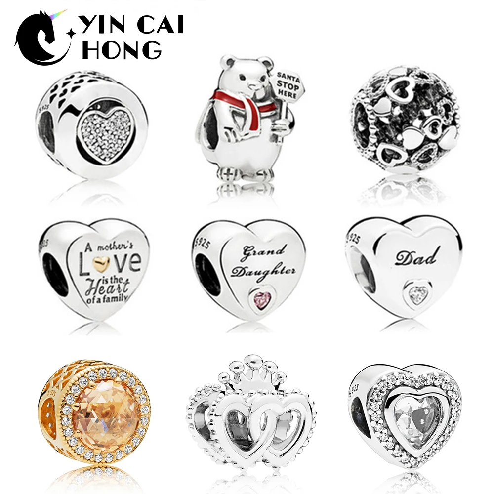 

YCH 100% 925 Sterling Silver Polar Bear SHINE GOLDEN RADIANT HEARTS CHARM SPARKLING LOVE HEART Interlocked Crown Hearts Charm