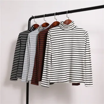 

2019 Autumn New Fashion Women Long Sleeve White Black Striped Turtleneck Tops Tees T-Shirts Pullovers Clothing