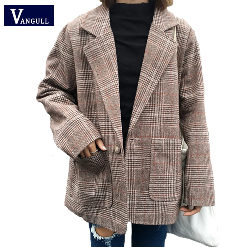

Vangull 2019 Spring Autumn Fashion England Style Women Retro Plaid Blazer Single Button Female Three Quarter Sleeve Loose Blazer