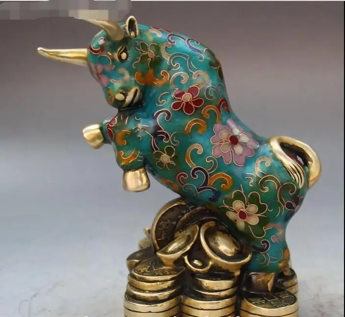 

6" China Cloisonne Gild Feng shui Zodiac Year Bull Oxen Ox Yuan Bao Money Statue