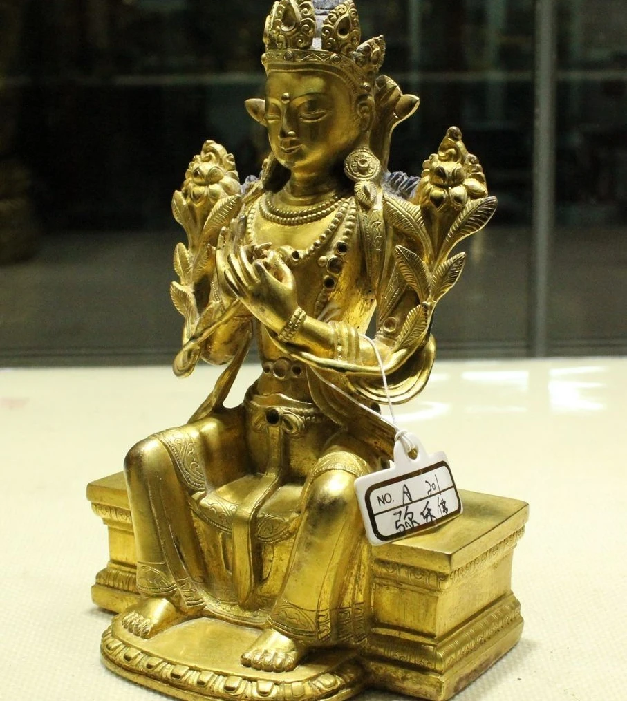 Старый Тибет Буддизм Храм Бронзовый 24 К Золотой Манджушри Кван-Инь Статуя Будды
