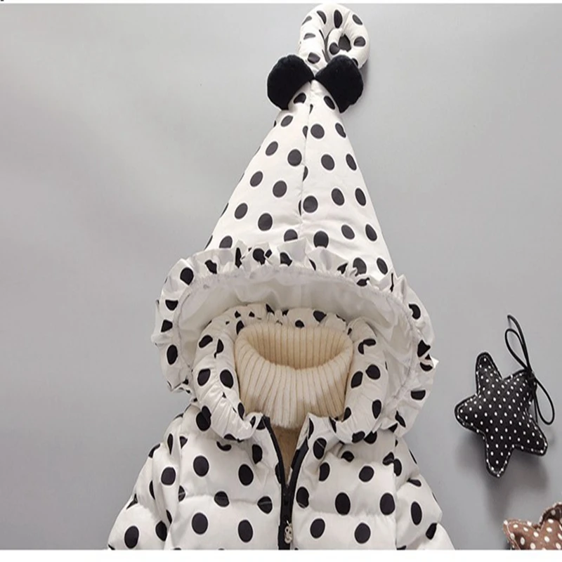Baby girl Coat In Winter Zipper hooded Polka dot long tail hat Bow-tie pockets  cotton-padded jacket for Kids Children warmed up (30)