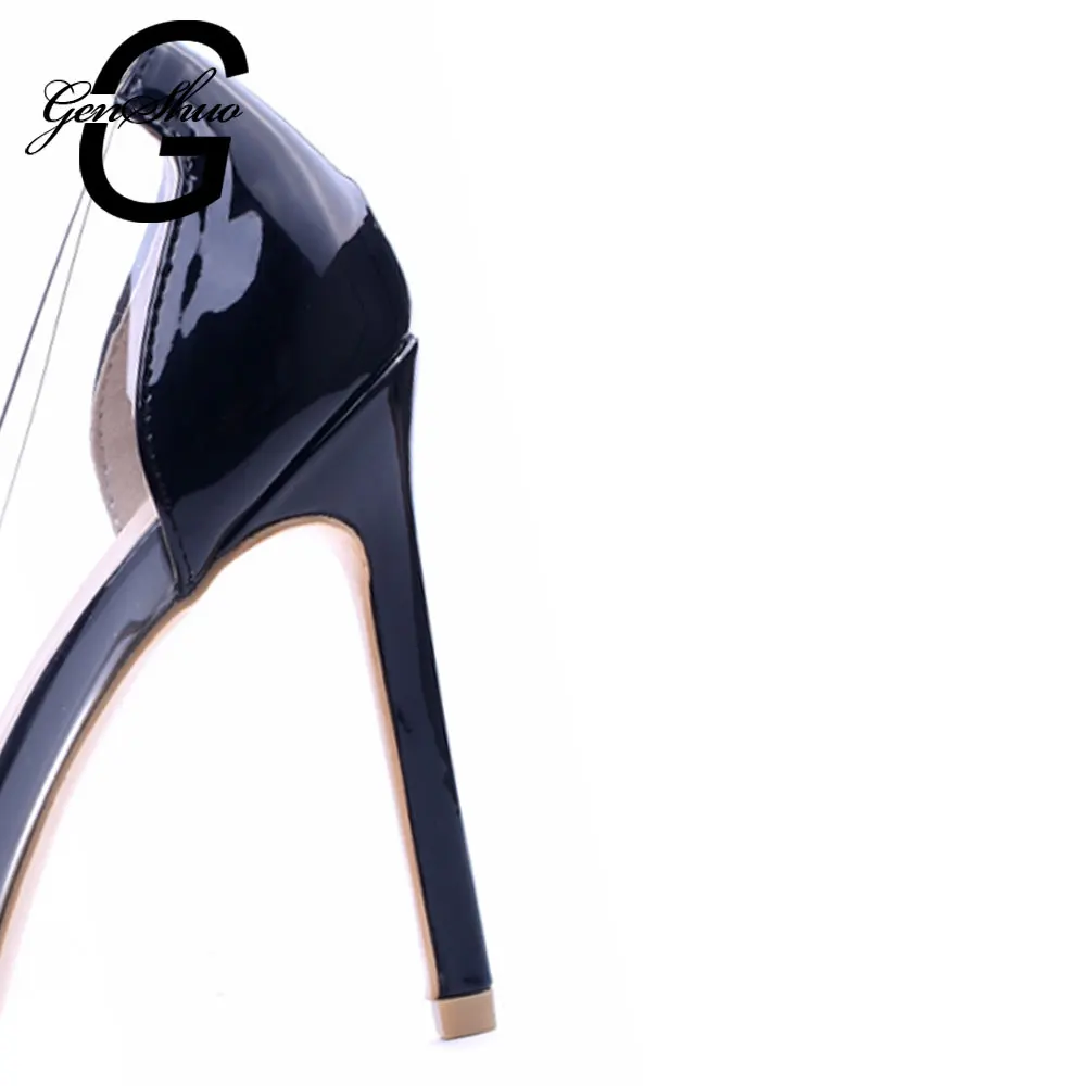 GENSHUO/серебристые женские туфли из лакированной кожи; модельные туфли на высоком каблуке; пикантные прозрачные женские туфли-лодочки из ПВХ на шпильке