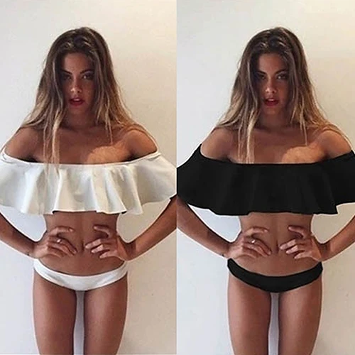 

Women Ruffles Off Shoulder Two Pieces Bikini Set Swimsuits Solid Black Low Waist Bandage Swimsuit Swimwear Bathing Beachwear