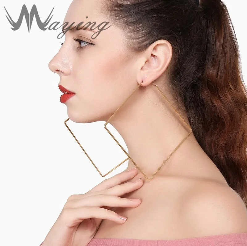 Extra Large Square Hoop Earrings for Women Gold Silver Metal Dangle