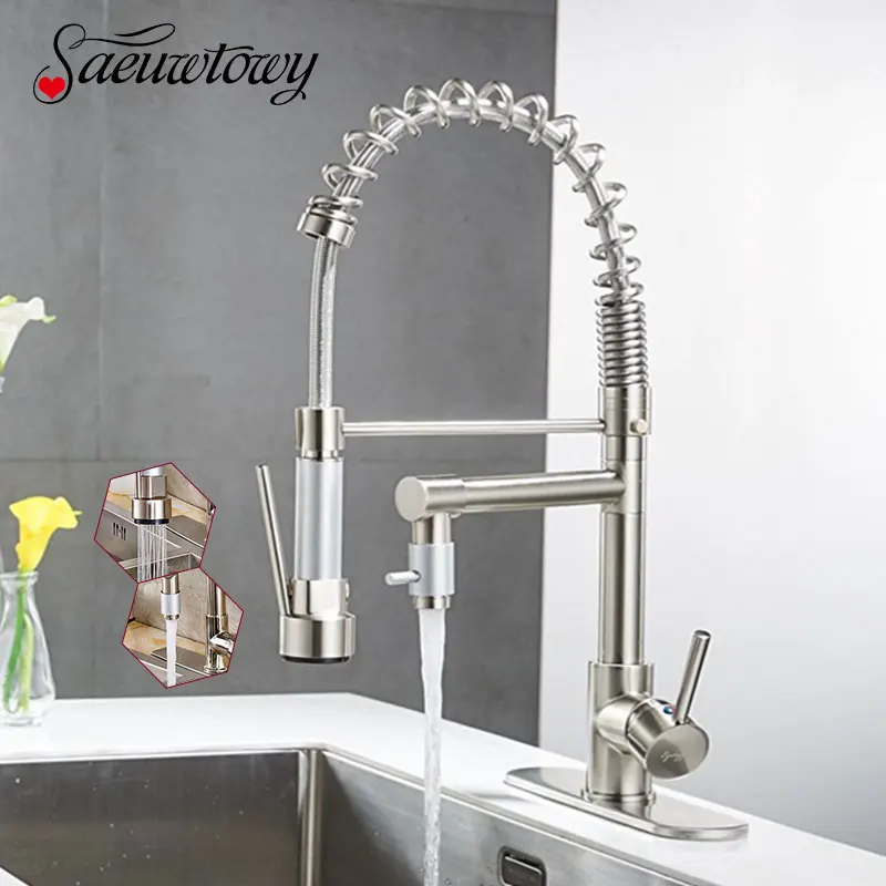 

Saeuwtowy Brushed Nickel Kitchen Faucet with 10'' Round Hole Cover Hot and Cold Water Switch