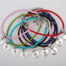 50 шт. Модные украшения Винтаж серебро сердце-образный крест очаровательные разноцветные плетеные веревки защита Браслеты браслет Для женщин D378