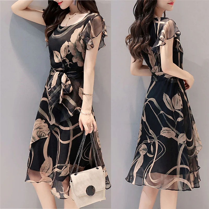 FEIBUSHI-Summer-Chiffon-Dress-Large-Outer-Space-Casual-Floral-Print-Women-Dress-Round-Neck-Printed-Bowknot