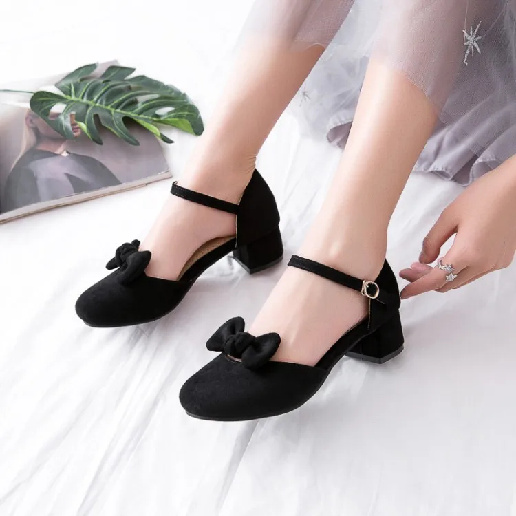 

Big Size 11 12 ladies high heels women shoes woman pumps Round-headed single shoe with bold heel and bow knot