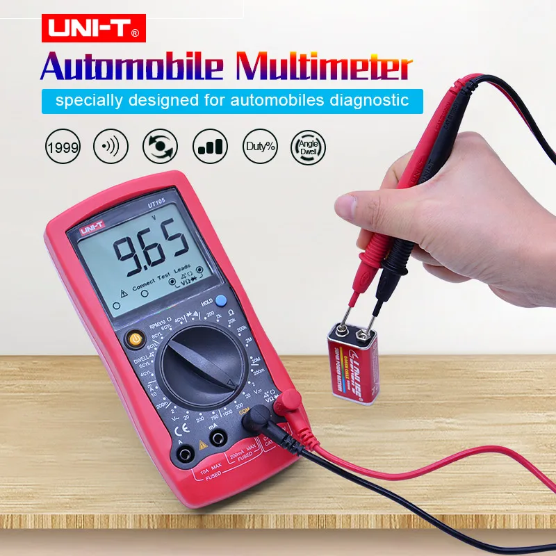 

UNI-T UT105 Automobile Multimeter 2000 count Data hold AC DC volt DC current meter Resistance Diode/Continuity buzzer tester