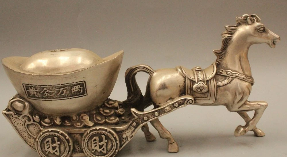 

free shipping Chinese Fengshui Tibet Silver Zodiac Year Horse Pull Yuanbao Lucky Wealth Statue