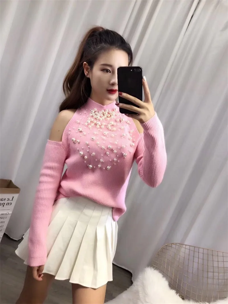 ALPHALMODA женский свитер без бретелек с открытыми плечами и бисером, зимние сексуальные пуловеры, одноцветные модные джемперы
