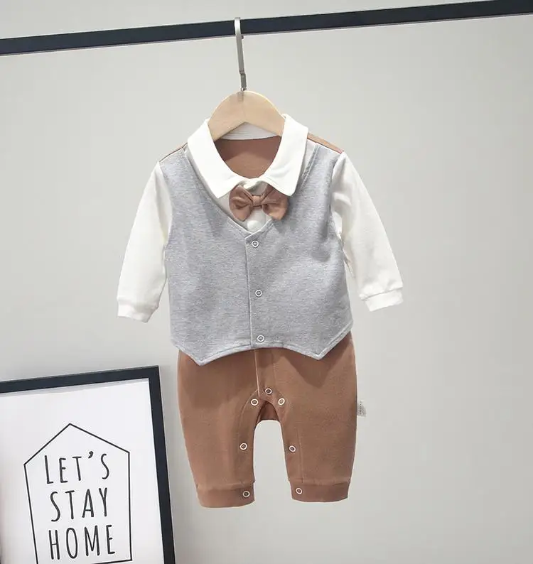 newborn baby boy clothes sping and autumn Gentleman style baby romper long sleeve cotton rompers kids infants costume - Цвет: brown