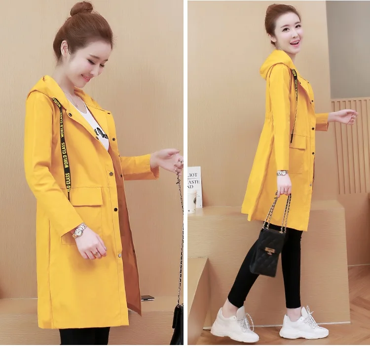 Новые с капюшоном однобортный пиджак ветровка женские средней длины в Корейском стиле Весна Осенняя мода тонкий Для женщин пальто Для женщин