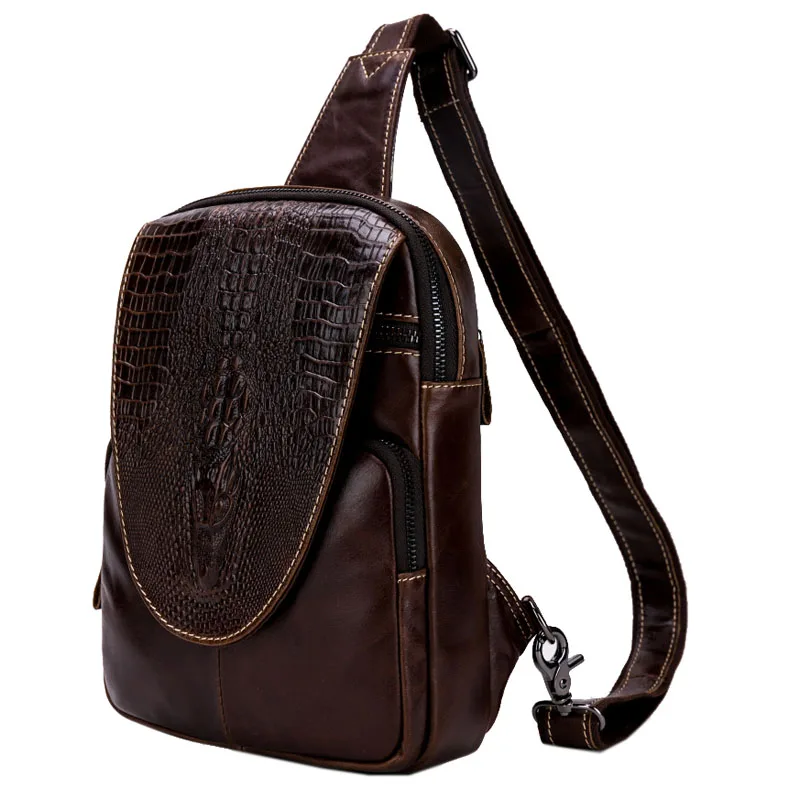 

100% Genuine Leather Men Sling Chest Bags Back Pack Crocodile pattern First Layer Cowhide Male Crossbody Travel Shoulder Bag NEW