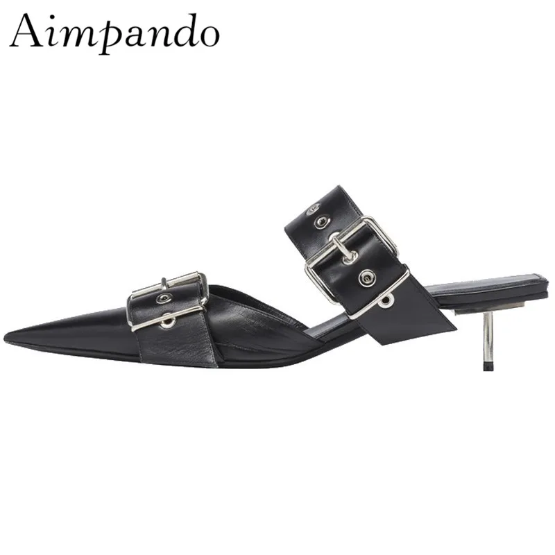 

Spring 2019 Black Genuine Leather Slippers Women Metal Thin Heel Pointed Toes Studded Buckle Slingback Slim Mules For Woman