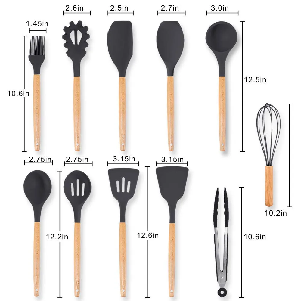 

Silicone Kitchen Utensil Set of 11 Pieces with Natural Wood Handle for Cooking, Non-Stick