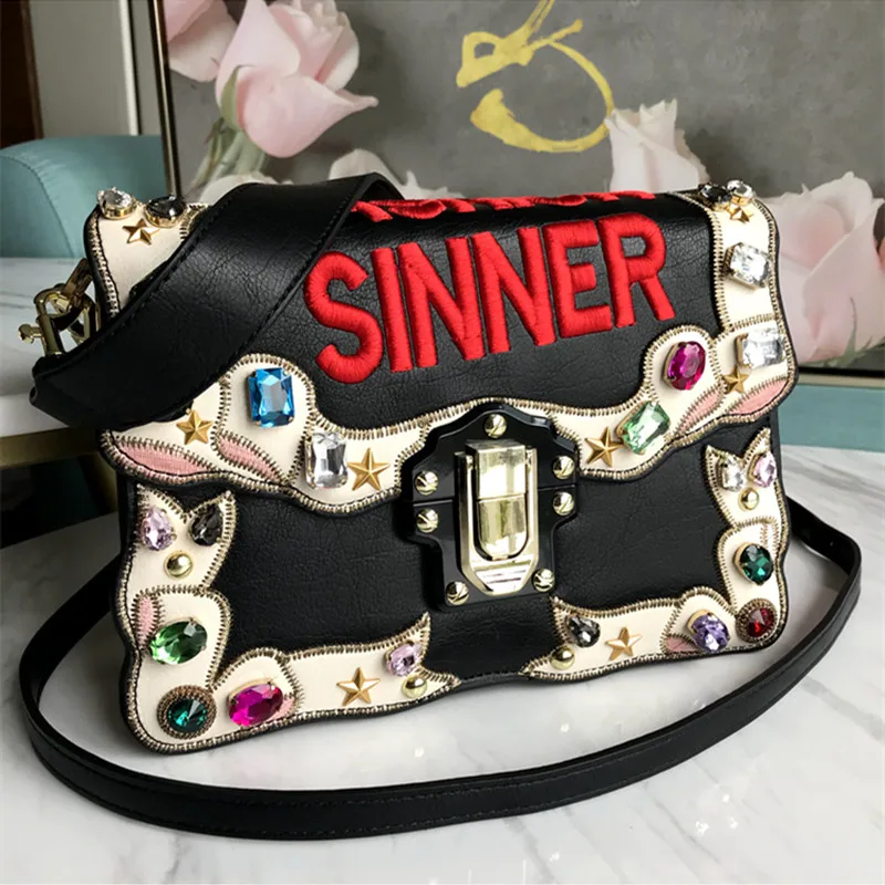 

Original Design Women Fashion Bags Letter Embroidery Design Flap Bas Luxury Diamond Gem Mosaic Shoulder Bag Lady Clutch Handbags