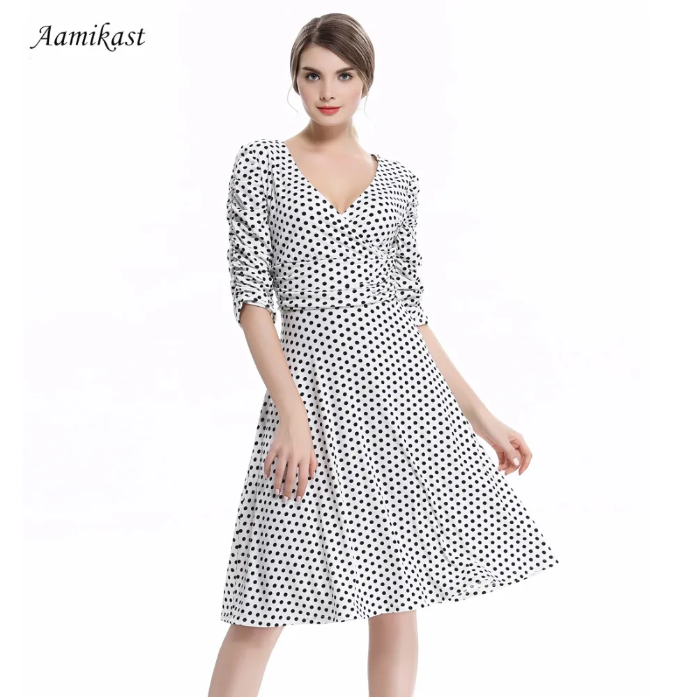 

Women Dresses Hot Sale 2019 Spring Autumn V-neck 3/4 Sleeve Dot Casual Party Evening Vintage Bodycon Sexy Women Dresses