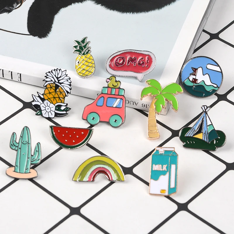 

Travel Brooch Pineapple Watermelon Cactus Palm tree Rainbow Tent Milk Car Enamel pins Badges Cartoon brooches for friends kids