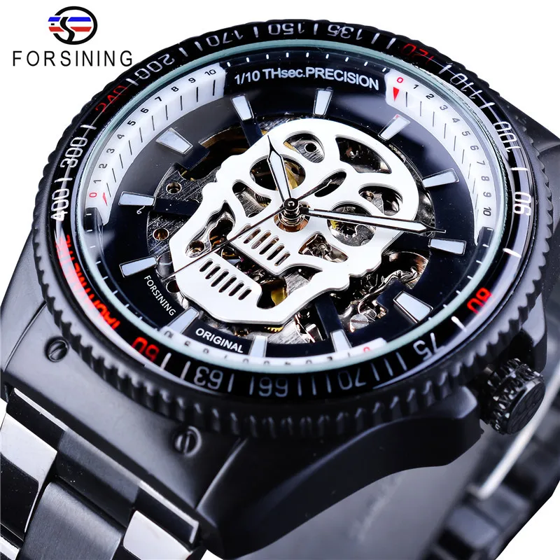 

2018 Fashion Winner Brand Man Steampunk Skull Auto Mechanical Clock Black Stainless Steel Skeleton Dial Cool Design Wrist Watch