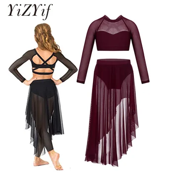 

YiZYiF Ballet Leotards Girls Long Sleeve X-Back Crop Top with Tulle Skirt Celebration of Spirit Praise Lyrical Dance Costumes