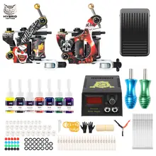 Complete 2 Coil Tattoo Machine Kit Set For Beginner Power Supply Foot Pedal Needles Ink Set Tattoo Body&Art TK216
