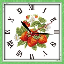 Radość niedziela zegary styl czerwone truskawki cross stitch owoce wzory kuchnia ornament wzory zestawy drukowane na płótnie dla dzieci tanie tanio Joy Sunday Obrazy 100 COTTON Europa Składane PACKAGE wall clock PVC bag 33*33cm 42*42cm G320
