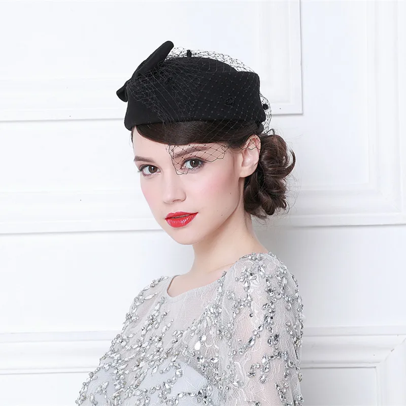 

British Women Winter Australian Wool Top Fedora Fashion White Black Bowler Veil Beret Formal Ladies Church Dinner Chapeau Hat