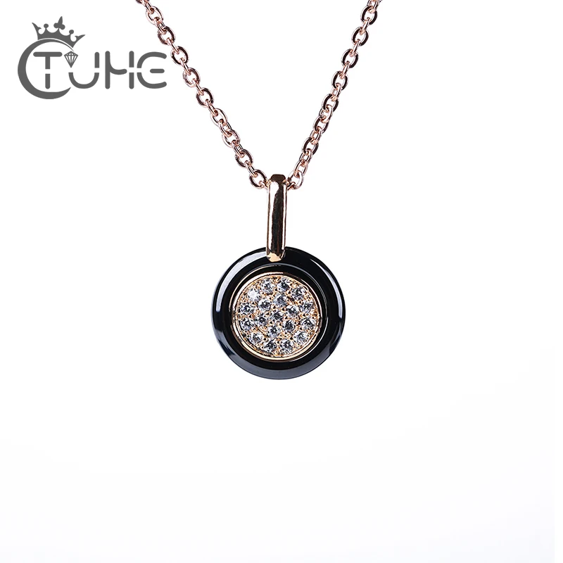 

2018 Exquisite Ceramics Jewelry Women Necklace AAA Cubic Zirconia 585 Rose Gold Silver Round Pendant Necklace Christmas Gifts