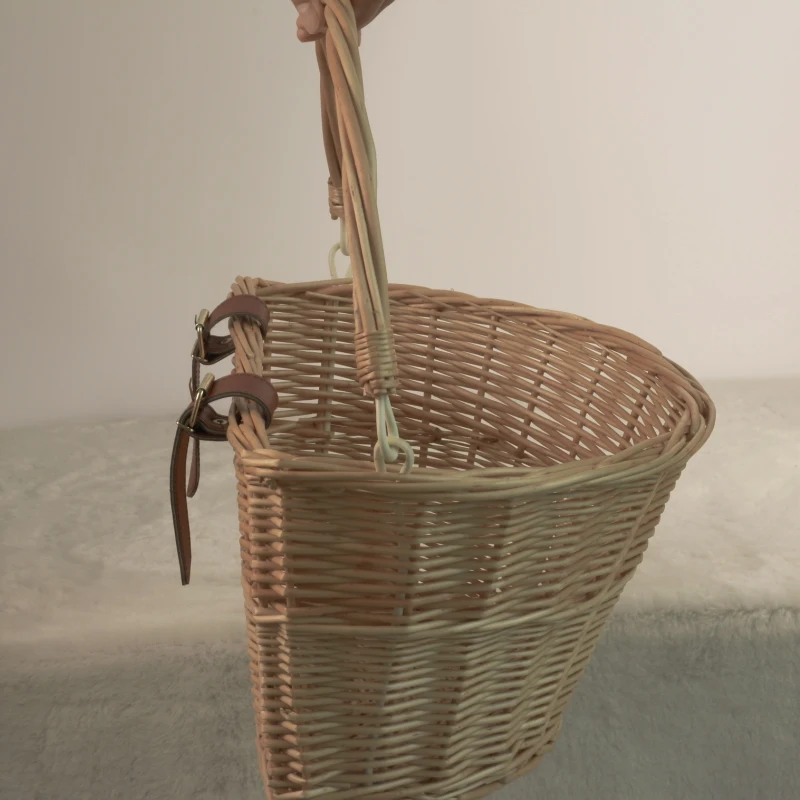 Bicycle Front Basket Retro, Handmade, Wicker Handlebar Pannier Cycling Carrying Holder Bike Basket Baggage Bag with Leather Str