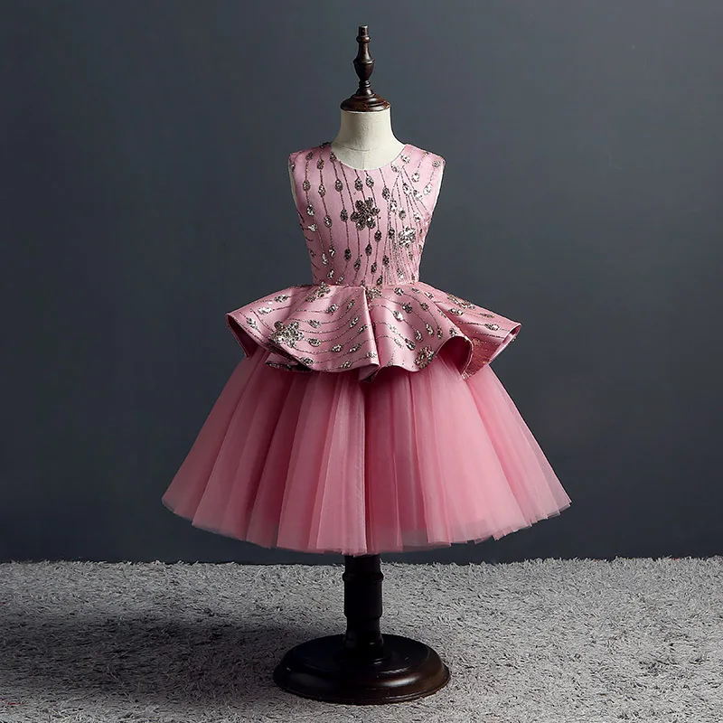 

Ball Gown Princess Party Dress Sequined Embroidery Flower Girl Dresses Wedding Layered Kids Pageant Dress Girls Evening Gowns