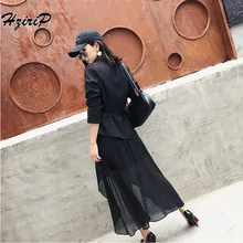 Hzirip, женское осеннее платье, костюмы, новинка, официальное, без рукавов, сетка, сплошное, черное, сексуальное платье+ однобортный, офисный Блейзер, женские костюмы