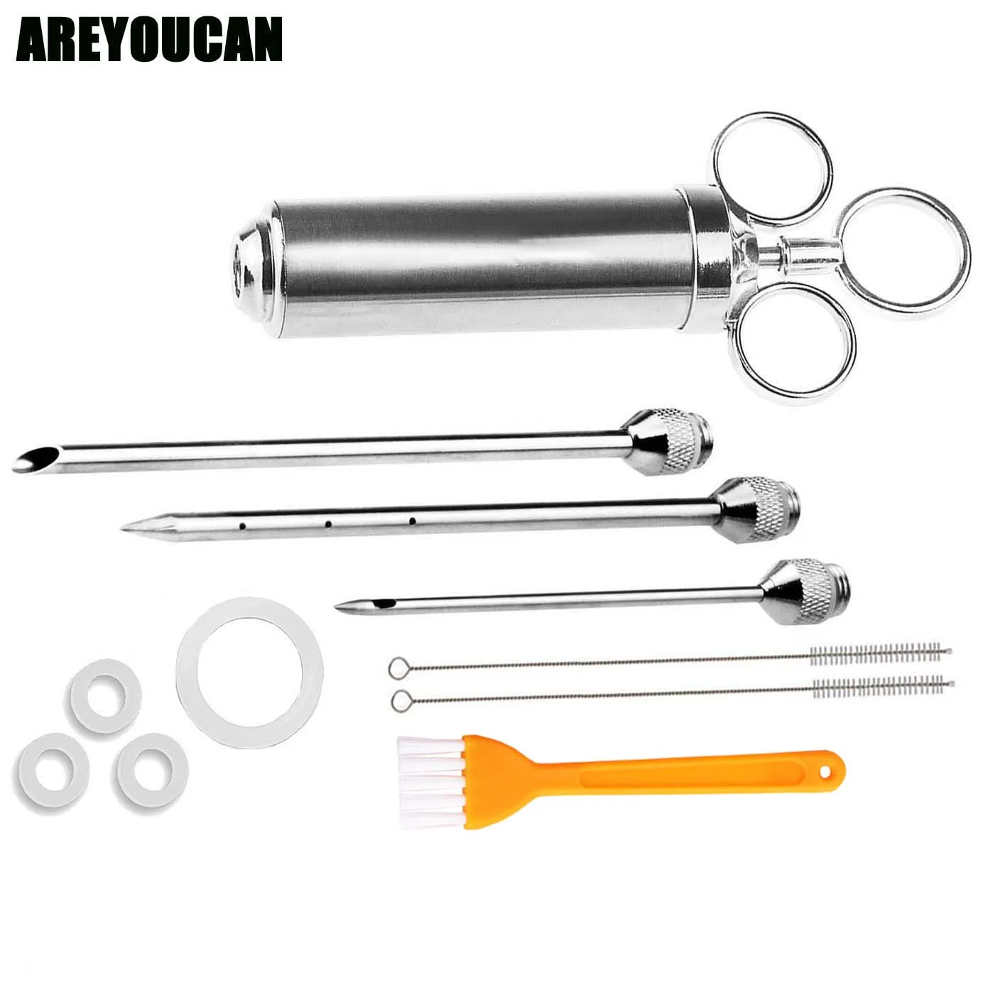 Best AREYOUCAN 3 Needles Meat Injector Syringe Poultry Marinade Flavour Injector Meat Seasoning Injectors BBQ Kit Kitchen Tools
