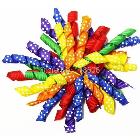 Rainbow Polka Dots Curly Ribbon Korker Hair Bow Clip.jpg