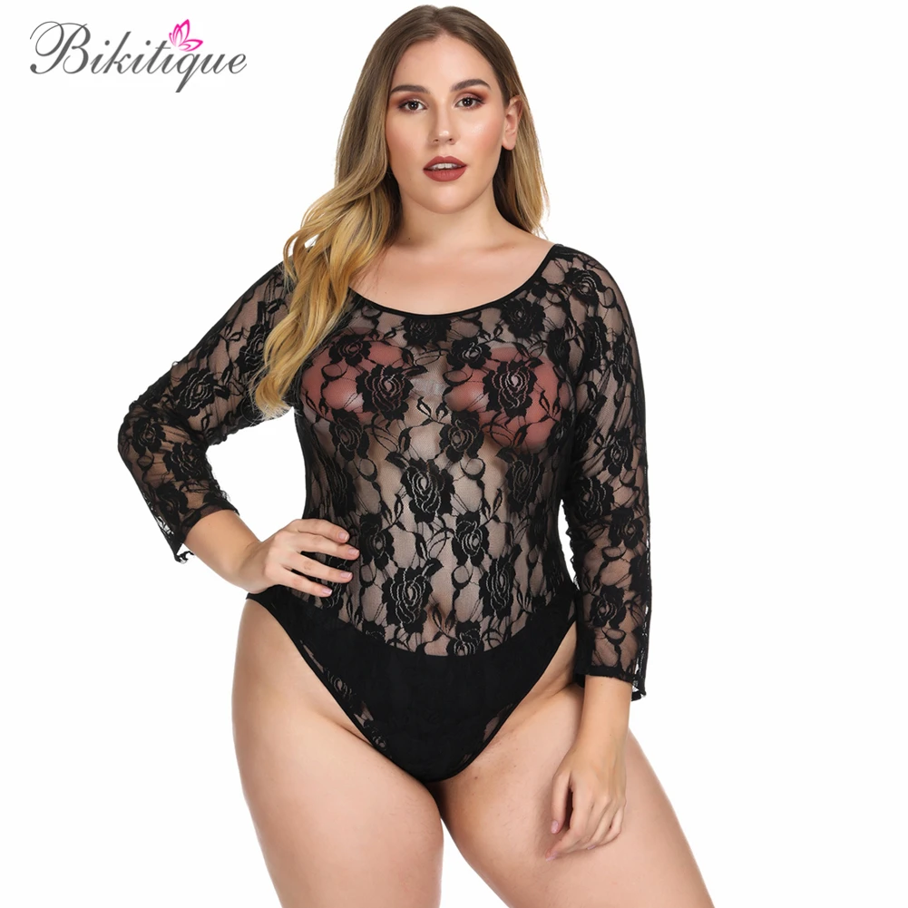 

Bikitique Plus Size Eyelashes Lace Hot Erotic Bodysuit Women Wedding Sexy Lingerie Nightgowns Sleepwear Sheer Mesh Sexy Jumpsuit