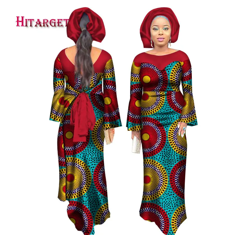 

2019 Autumn African styles clothing Women Riche Bazin Cotton Material Free Head Scarf Lady Long Dress Plus Size 6xl WY2793