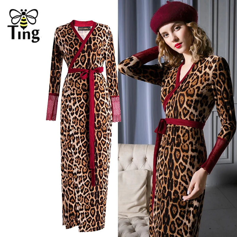 Tingfly, леопардовое платье с v-образным вырезом, сексуальное платье с высоким разрезом, кружевное лоскутное женское платье макси, Осень-зима, Длинные вечерние платья для девушек, XL