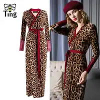 Tingfly Leopard Print v neck sexy dress High split Lace Patchwork women Maxi dress autumn winter long party ladies dresses XL