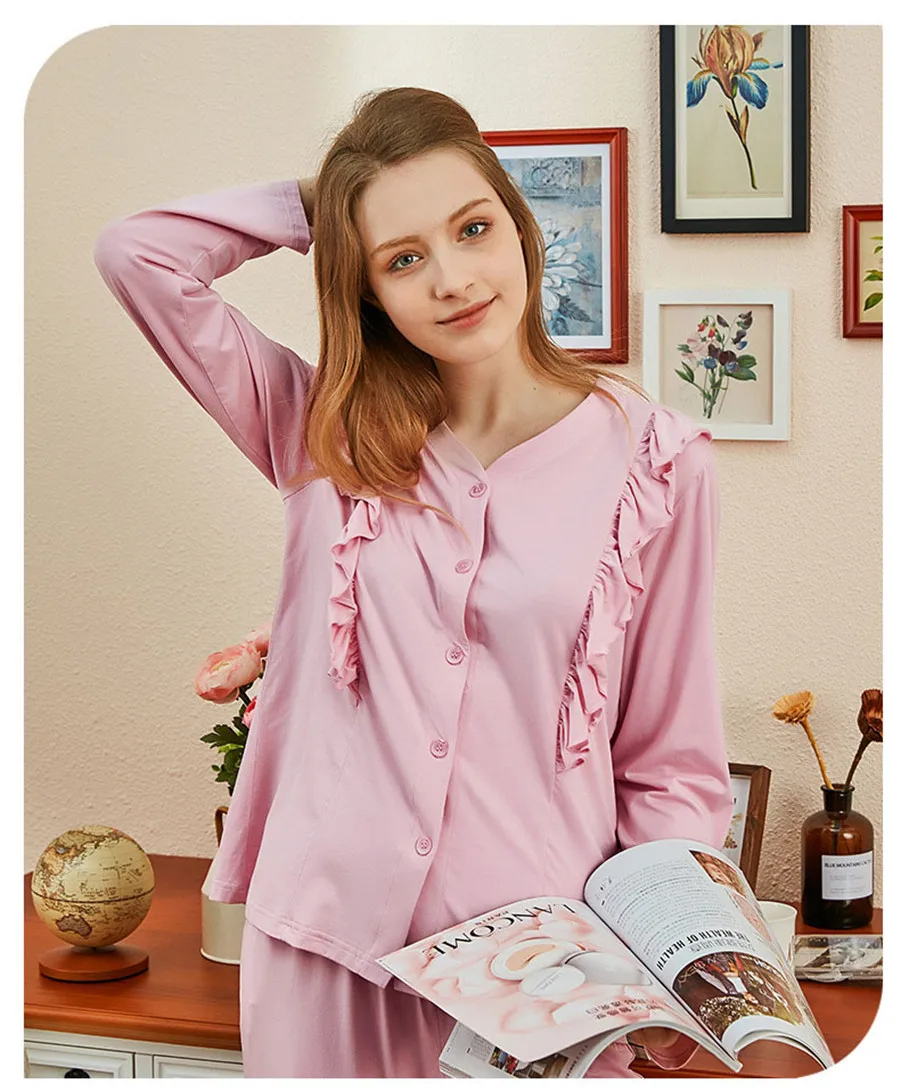 Новые женские пижамные комплекты Осенняя Милая гофрированная Милая одежда для сна с длинными рукавами однотонная Пижама Mujer ночная рубашка с v-образным вырезом для отдыха
