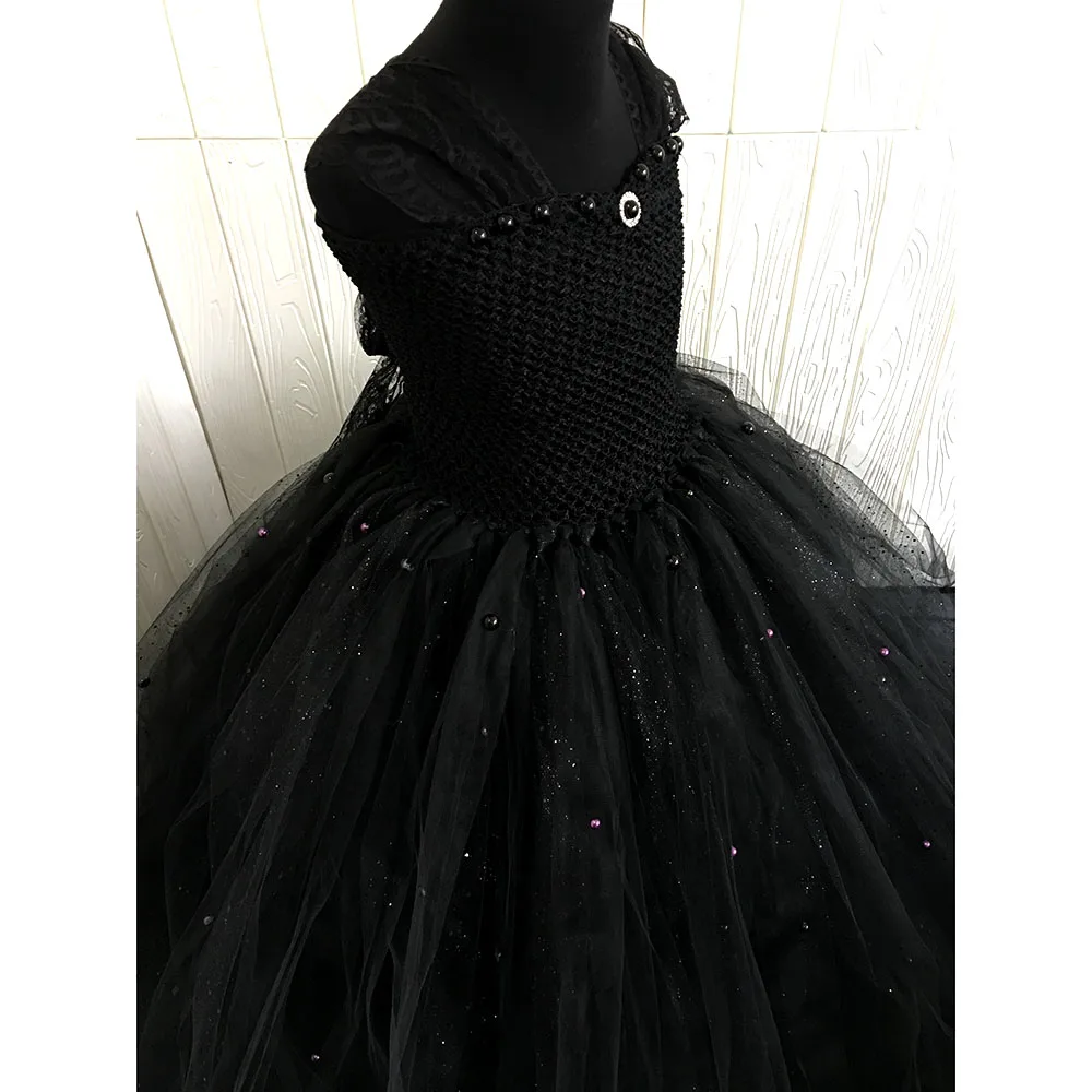 Darkness Black Fluffy Kids Dress Halloween Princess Girl Birthday Evening Carnival Party Tulle Tutu Dress with Pearls for Photo (3)