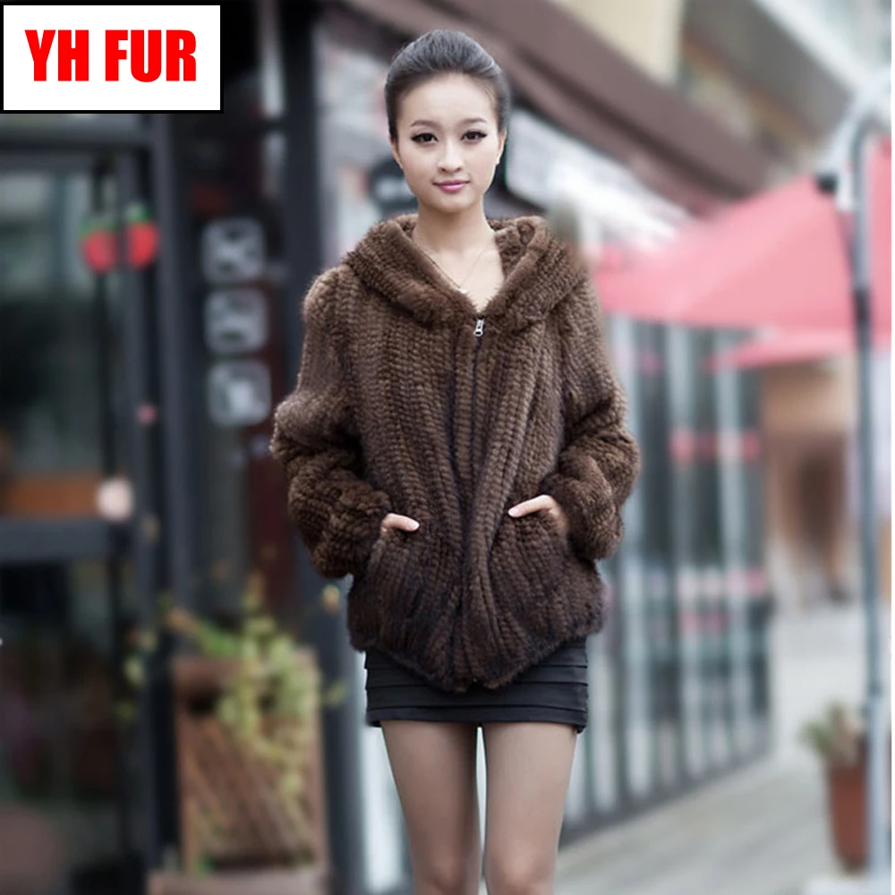 

2019 New Fashion Knitted Real Mink Fur Coat Hooded Real Genuine Mink Fur Jacket Autumn Winter 100% Natural Mink Fur Overcoat