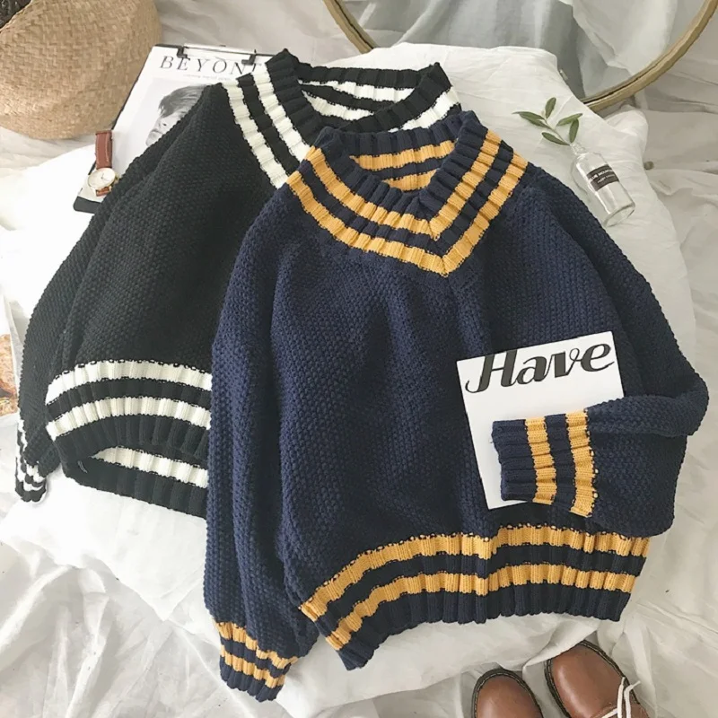 

Korea winter ulzzang Preppy Style loose V-neck sweater female autumn new Harajuku style bf loose Full Casual 2018 sweaters