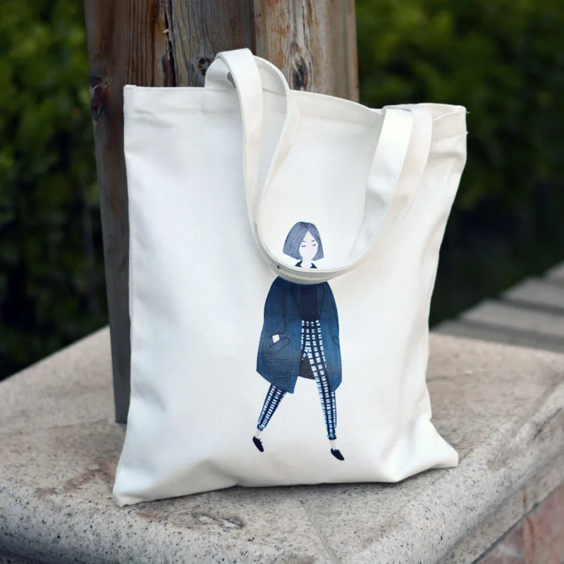 Sturdy canvas green shopping bags Artistic and simple handheld Single