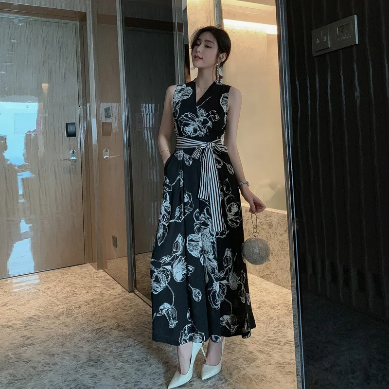 

2019 Summer Jumpsuit for Women Full Length Beach Style V-neck Black Print Jumpsuits with Sashes