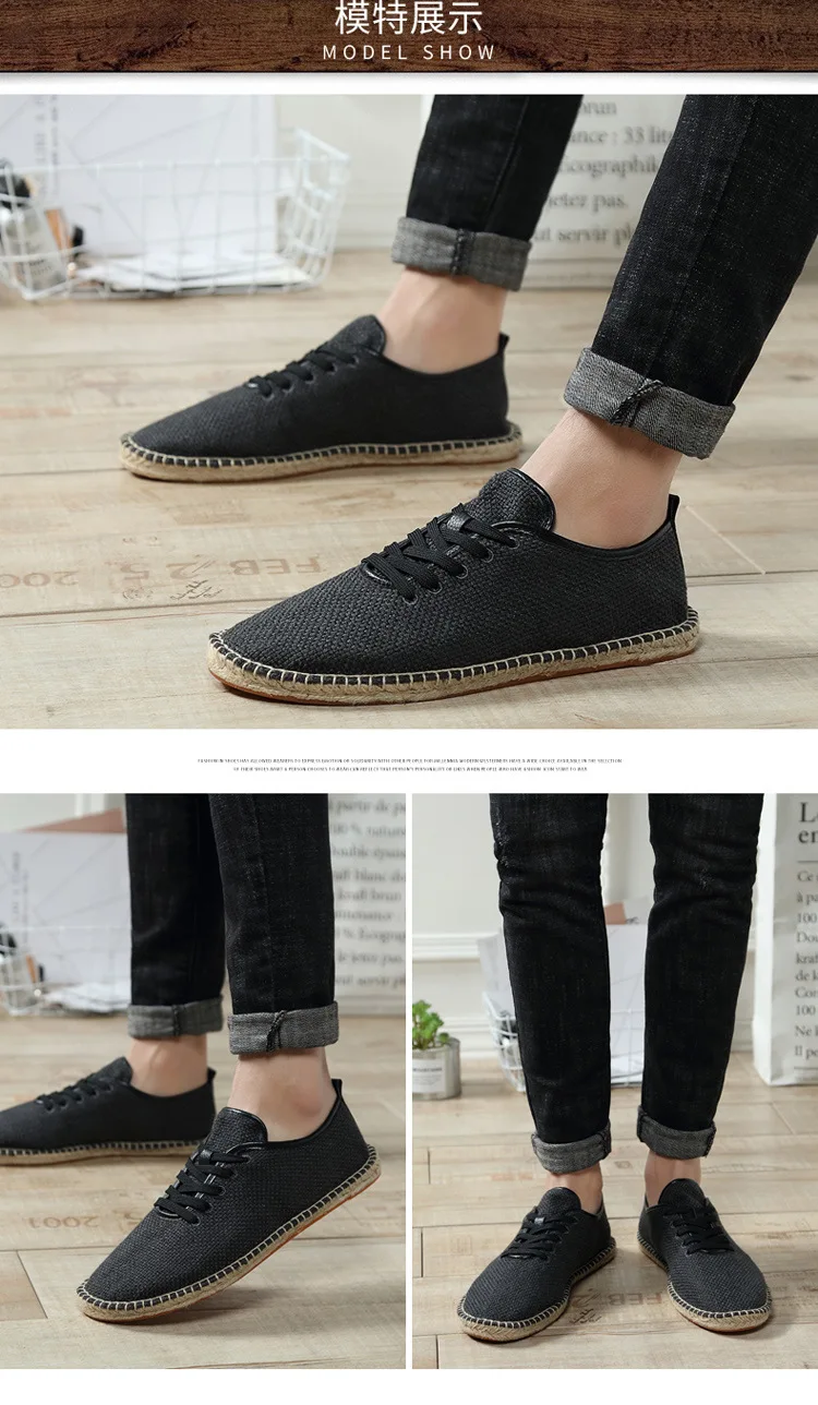 Fashion Sneakers Men Breathable Hemp Shoes Men Summer Canvas Casual Shoes Lace Up Flat Loafers Comfortable Driving Loafers