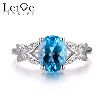 

LeiGe Jewelry Real Swiss Blue Topaz Rings Engagement Rings Oval Shape Blue Stone November Birthstone Ring 925 Sterling Silver