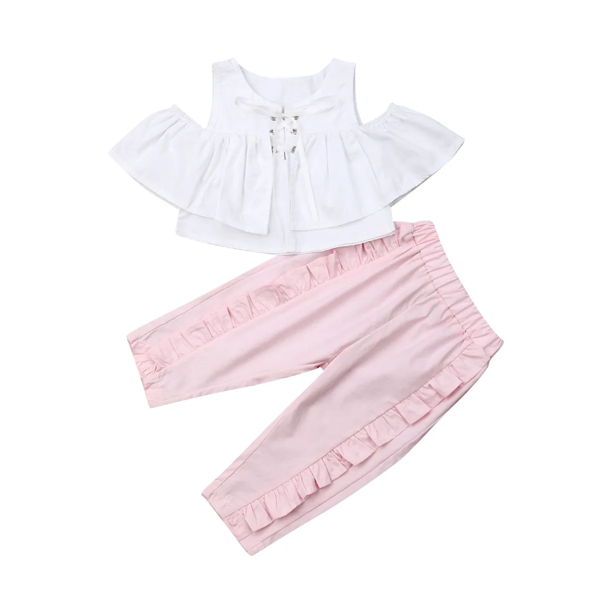 

1-6T Cute Toddler Baby Girl 2Pcs Ruffle Solid Strappy Off-Shoulder Crop Tops Pleated Losse Long Pants Casual Summer Clothes Set