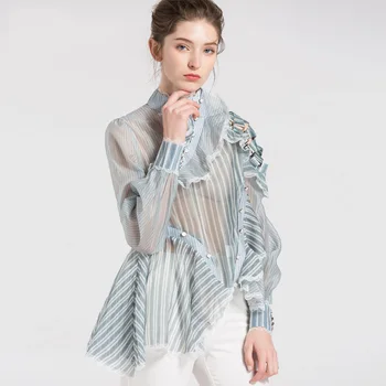 

2018 Hot Selling Women Spring Autumn Stand Collar Lantern Sleeve Ruffles Irregular Casual Shirts High Street Striped Blouse Tops