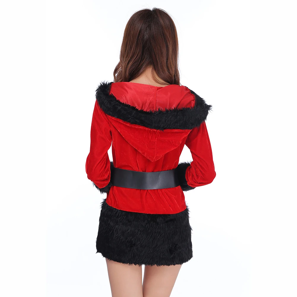 Cosplay&ware Christmas Costume Female Santa Claus Uniform Sexy Suit Cosplay Black And White Hooded Dress With Belt -Cosplayware Store